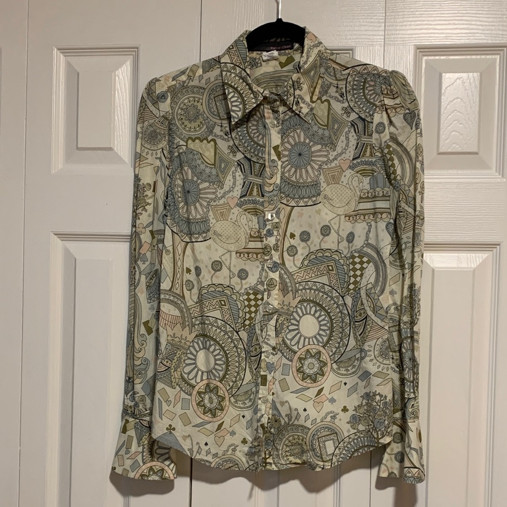 Patterned Button Down Shirt Whimsical Design Size S